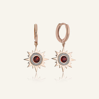 Mini Ray Kırmızı Altın Garnet Taşlı Küpe
