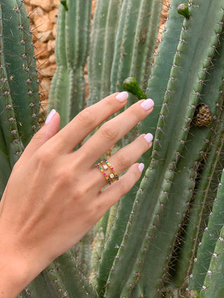 Triple Band Multicolor Gemstone & Diamond Ring in Yellow Gold