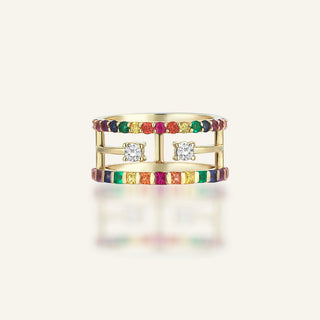 Triple Band Multicolor Gemstone & Diamond Ring in Yellow Gold
