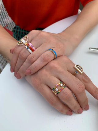 Triple Band Multicolor Gemstone & Diamond Ring in Yellow Gold